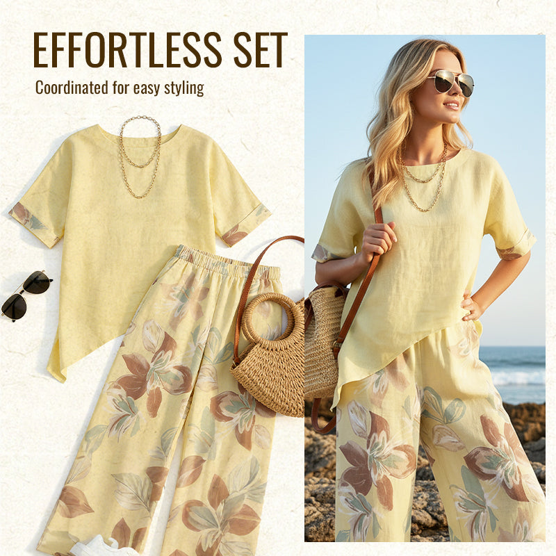 Women's Asymmetrical Top & Floral Pants 2-Piece Set