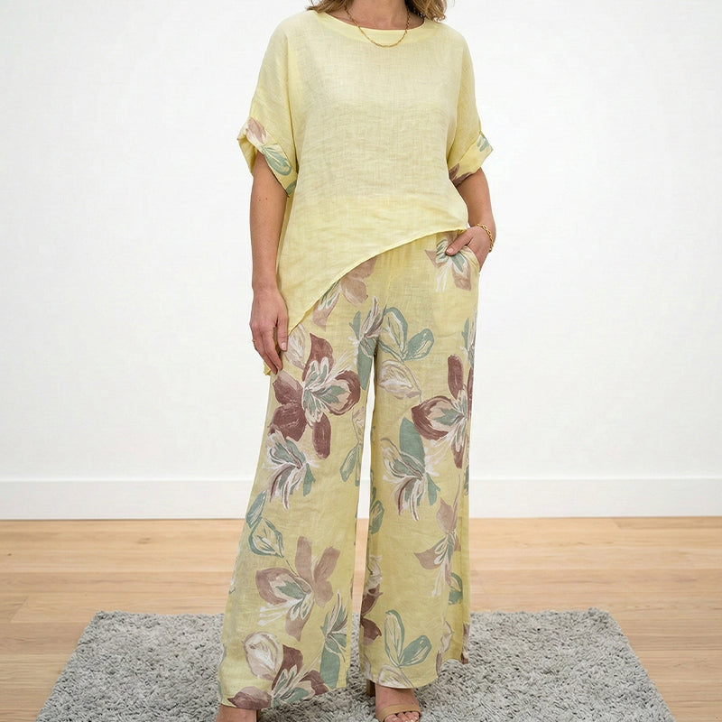 Women's Asymmetrical Top & Floral Pants 2-Piece Set