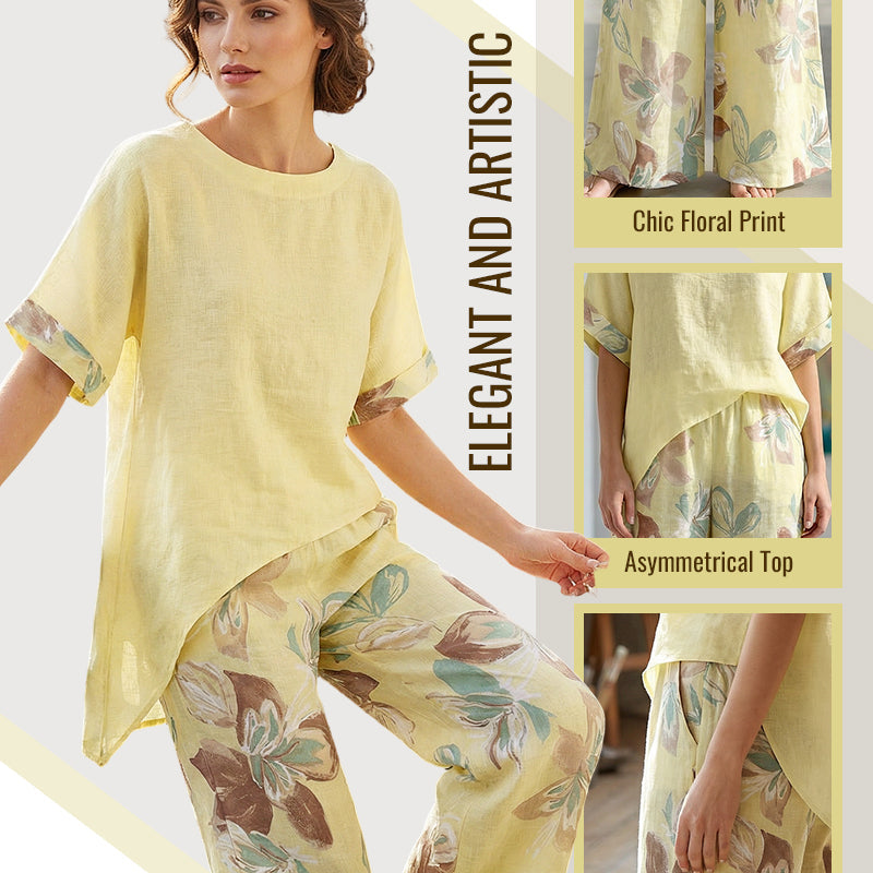 Women's Asymmetrical Top & Floral Pants 2-Piece Set