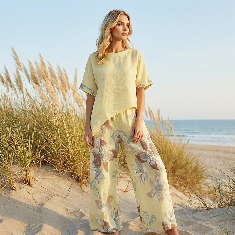 Women's Asymmetrical Top & Floral Pants 2-Piece Set